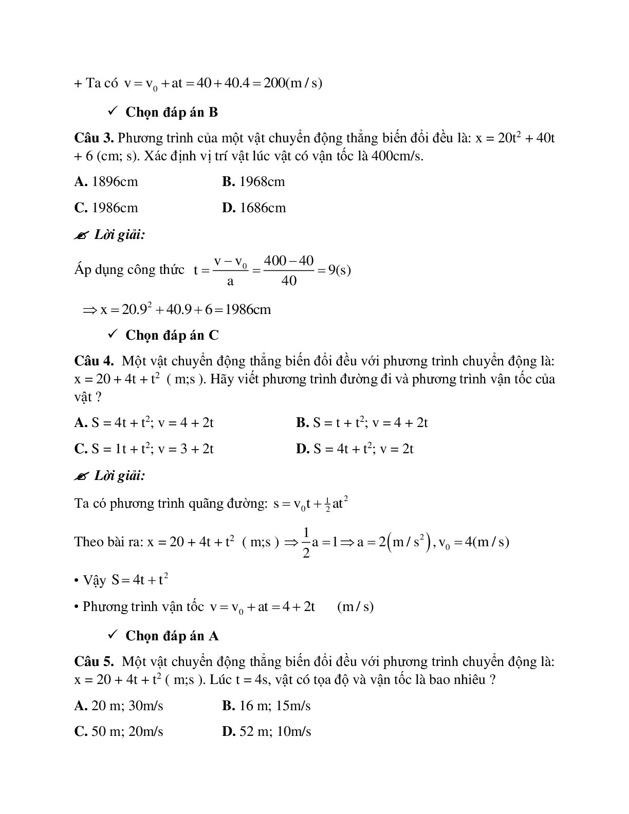 Bài tập về viết phương trình chuyển động thẳng biến đổi đều có đáp án (trang 2)