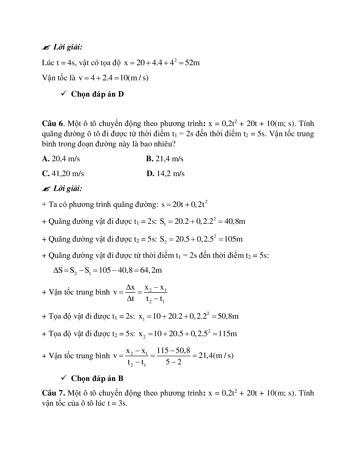 Bài tập về viết phương trình chuyển động thẳng biến đổi đều có đáp án (trang 3)