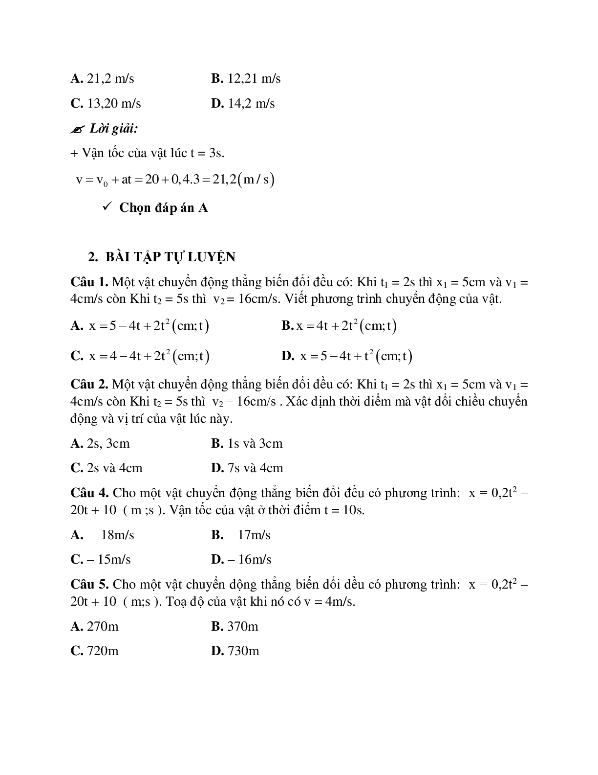 Bài tập về viết phương trình chuyển động thẳng biến đổi đều có đáp án (trang 4)