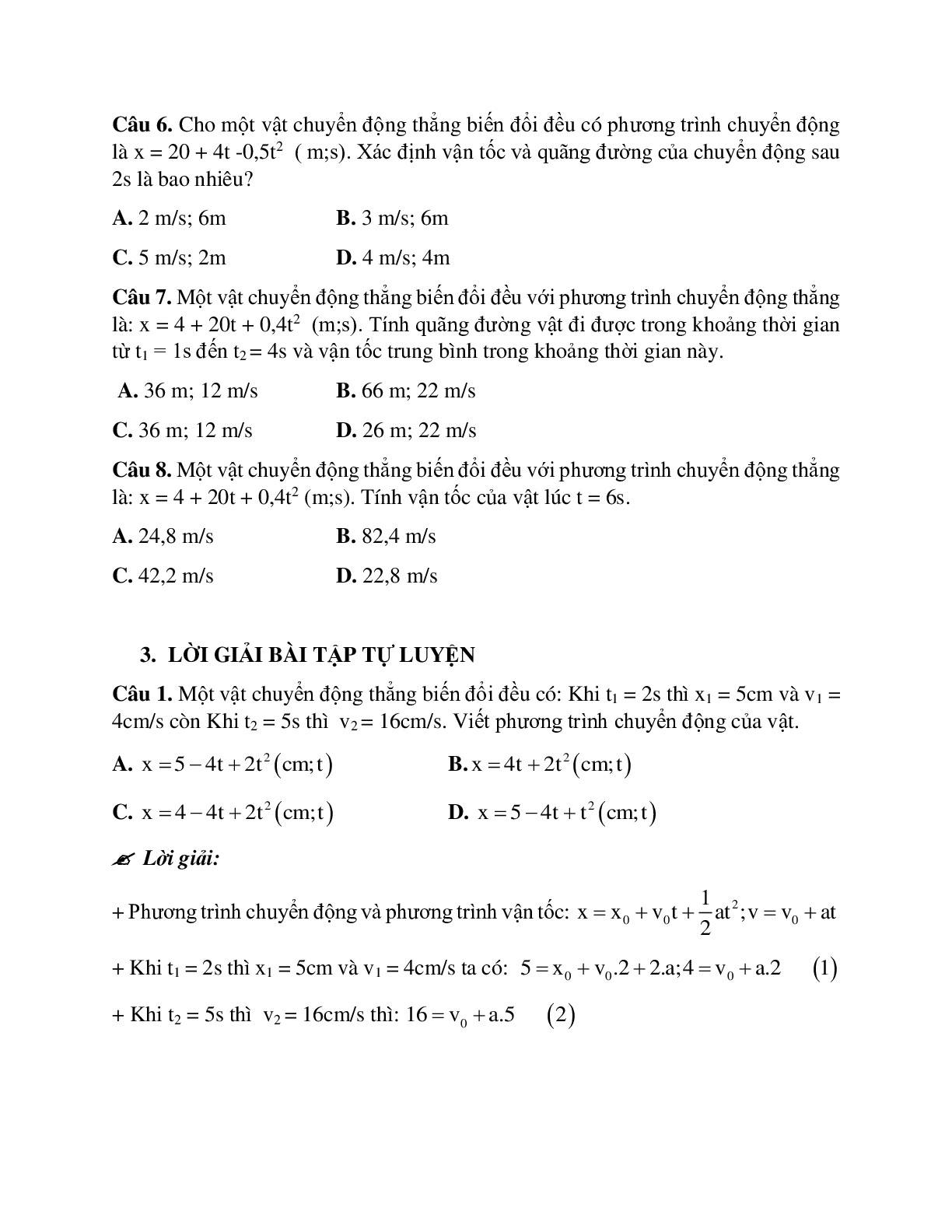 Bài tập về viết phương trình chuyển động thẳng biến đổi đều có đáp án (trang 5)