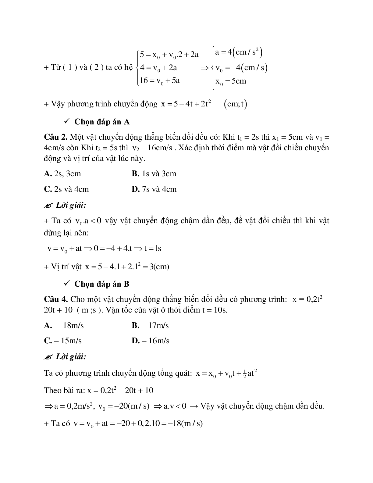 Bài tập về viết phương trình chuyển động thẳng biến đổi đều có đáp án (trang 6)
