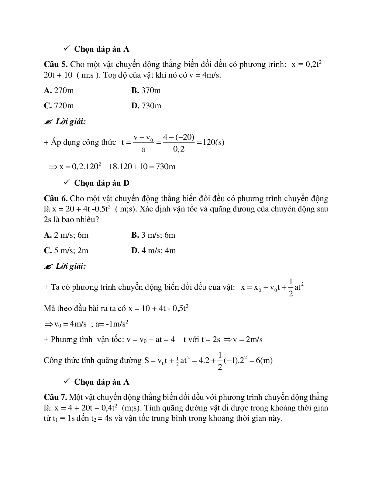Bài tập về viết phương trình chuyển động thẳng biến đổi đều có đáp án (trang 7)