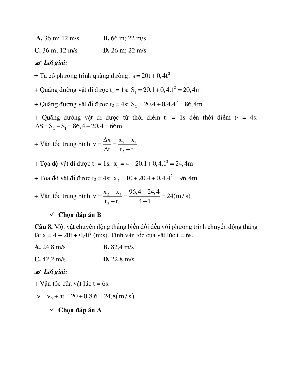 Bài tập về viết phương trình chuyển động thẳng biến đổi đều có đáp án (trang 8)