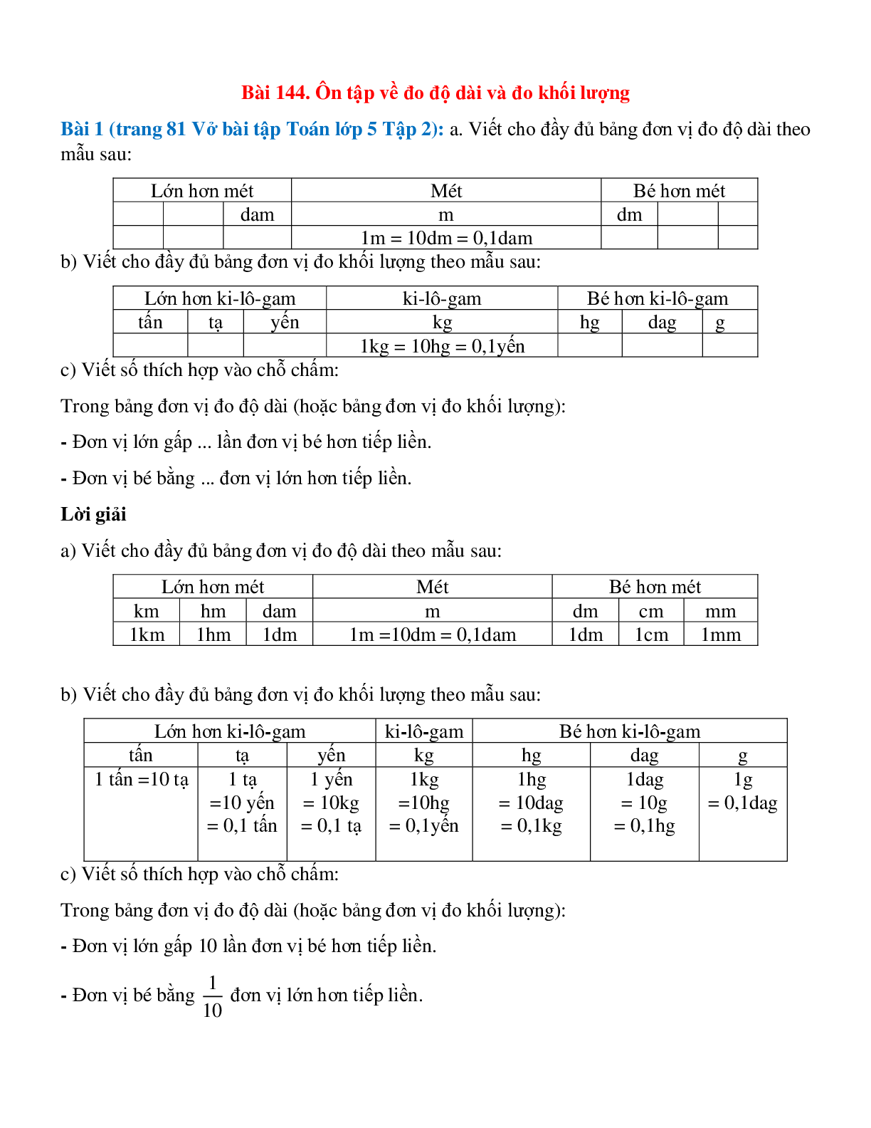 Vở bài tập Toán lớp 5 Tập 2 trang 81, 82 Bài 144: Ôn tập về đo độ dài và đo khối lượng (trang 1)