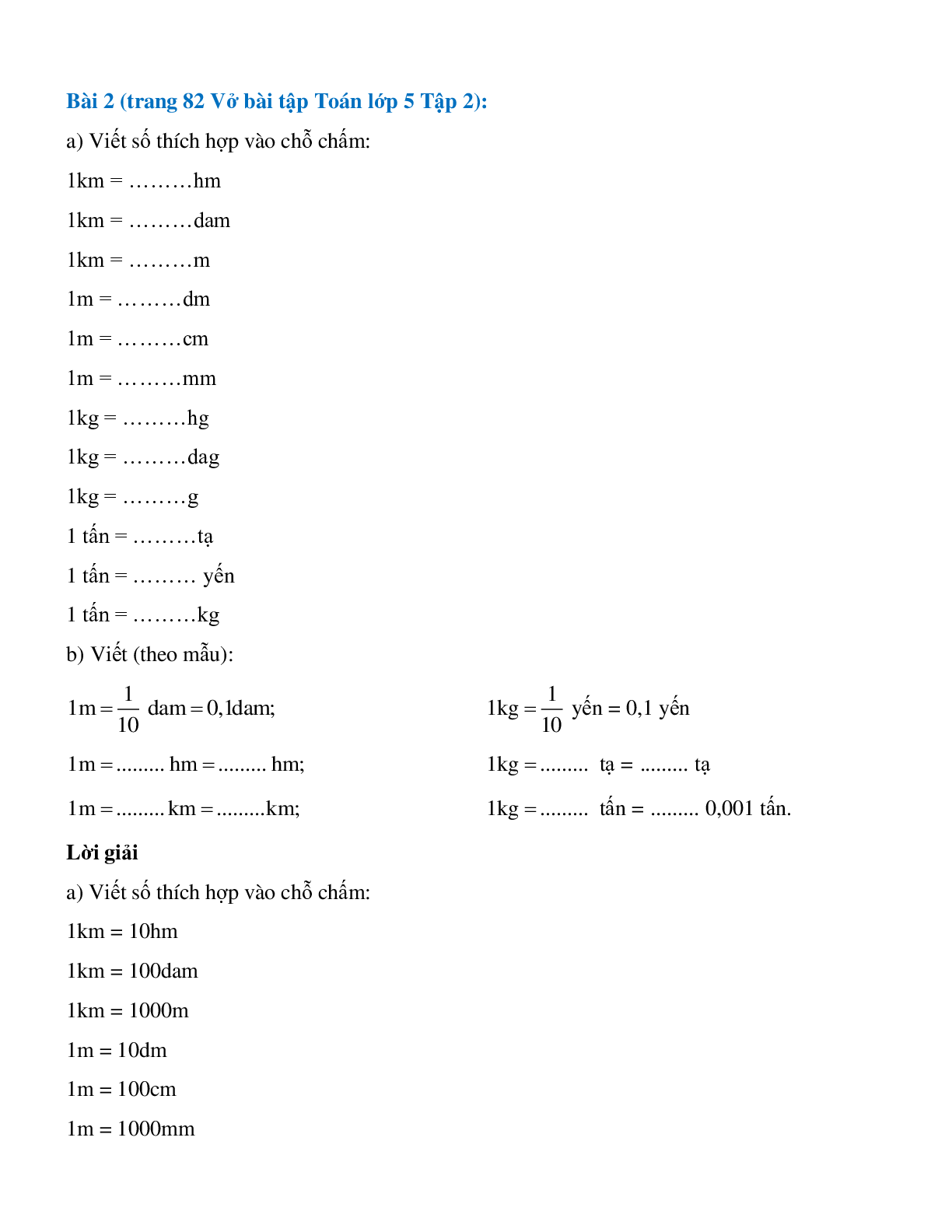 Vở bài tập Toán lớp 5 Tập 2 trang 81, 82 Bài 144: Ôn tập về đo độ dài và đo khối lượng (trang 2)