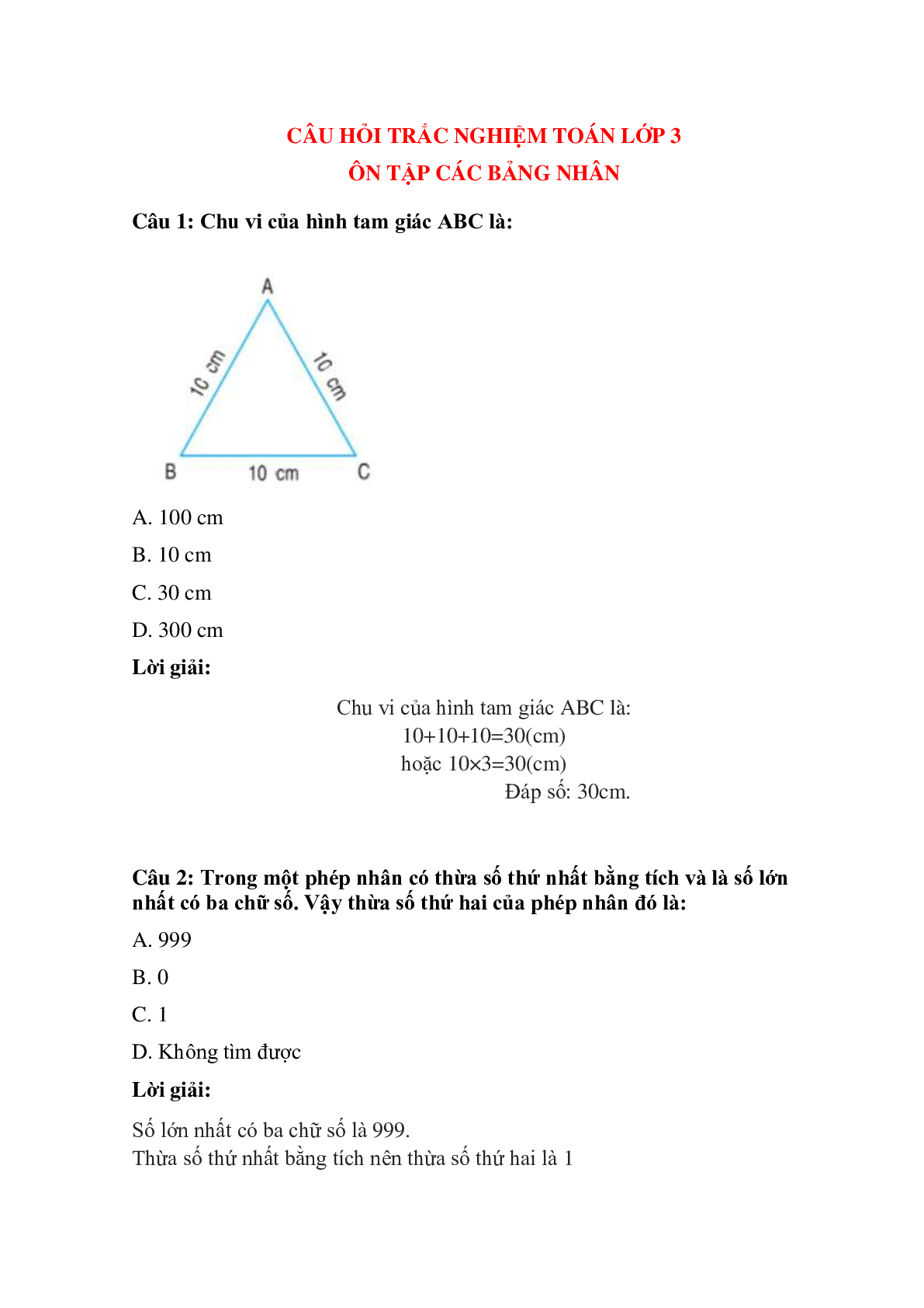 Trắc nghiệm Ôn tập các bảng nhân có đáp án – Toán lớp 3 (trang 1)