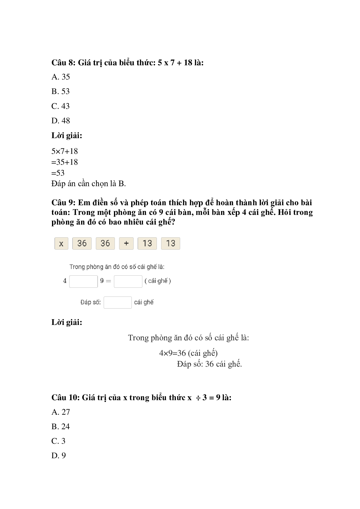 Trắc nghiệm Ôn tập các bảng nhân có đáp án – Toán lớp 3 (trang 4)