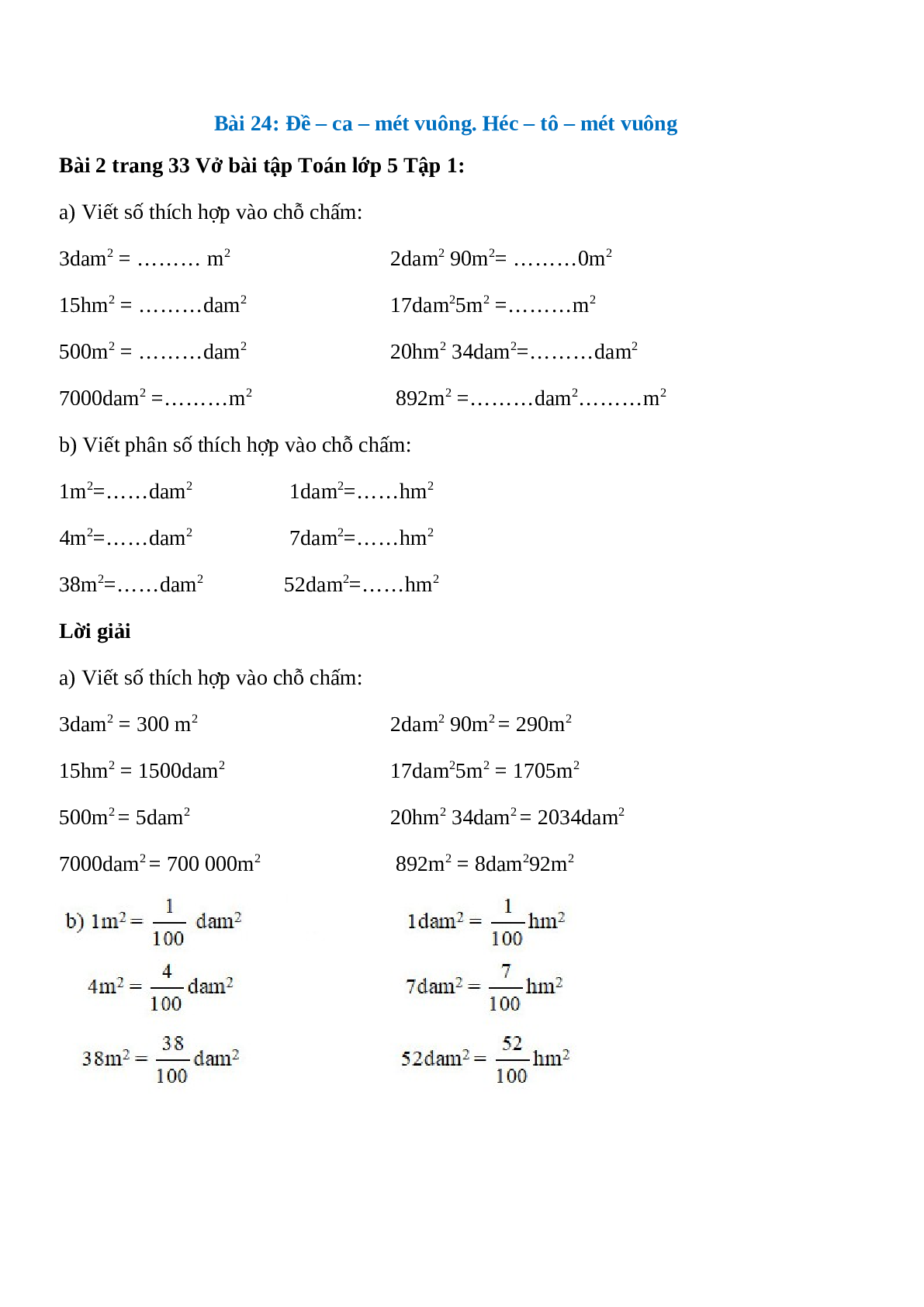 Viết số thích hợp vào chỗ chấm: 3dam2 = ……… m2 (trang 1)