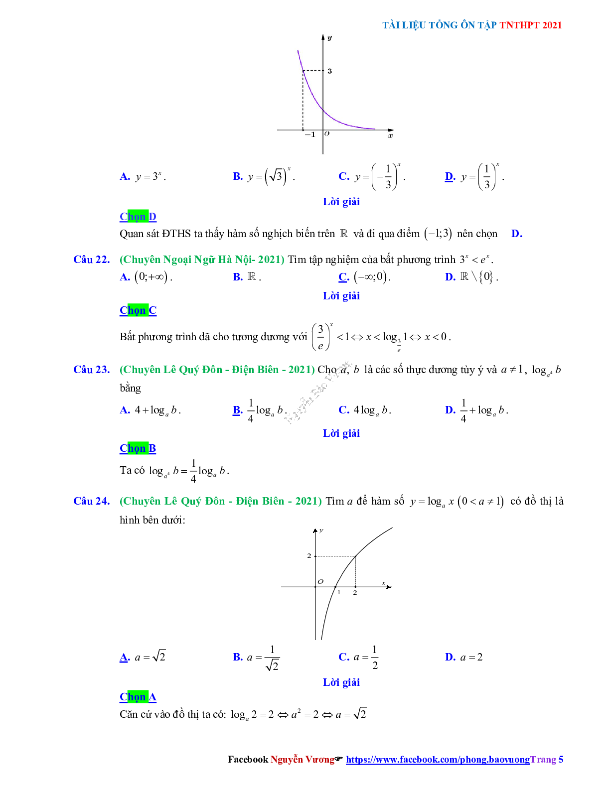 Trắc nghiệm Ôn thi THPT QG Toán 12: Đáp án mũ - lũy thừa - logarit mức độ nhận biết (trang 5)