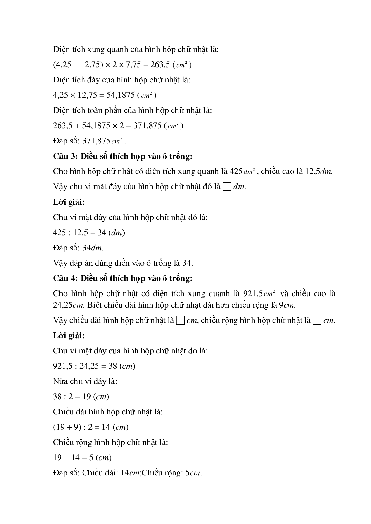 15 câu Trắc nghiệm Diện tích xung quanh, toàn phần của hình hộp chữ nhật có đáp án 2023 – Toán lớp 5 (trang 2)