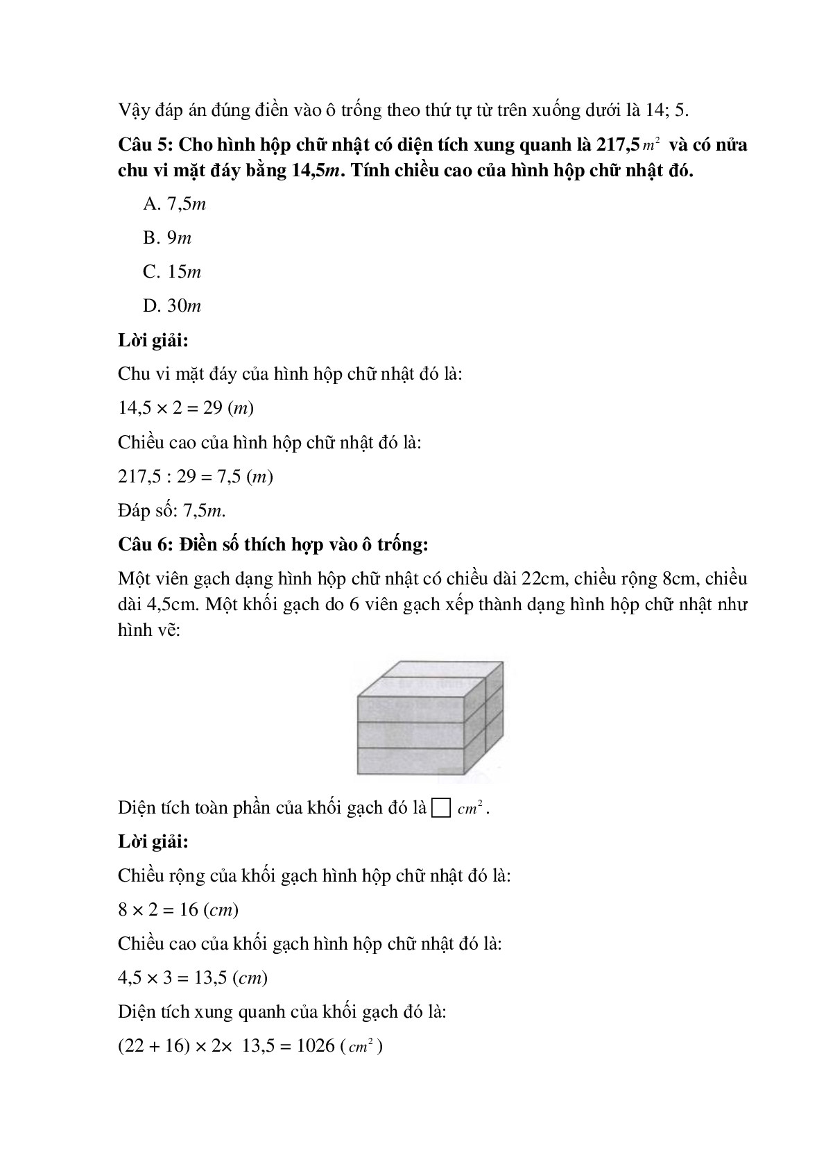 15 câu Trắc nghiệm Diện tích xung quanh, toàn phần của hình hộp chữ nhật có đáp án 2023 – Toán lớp 5 (trang 3)