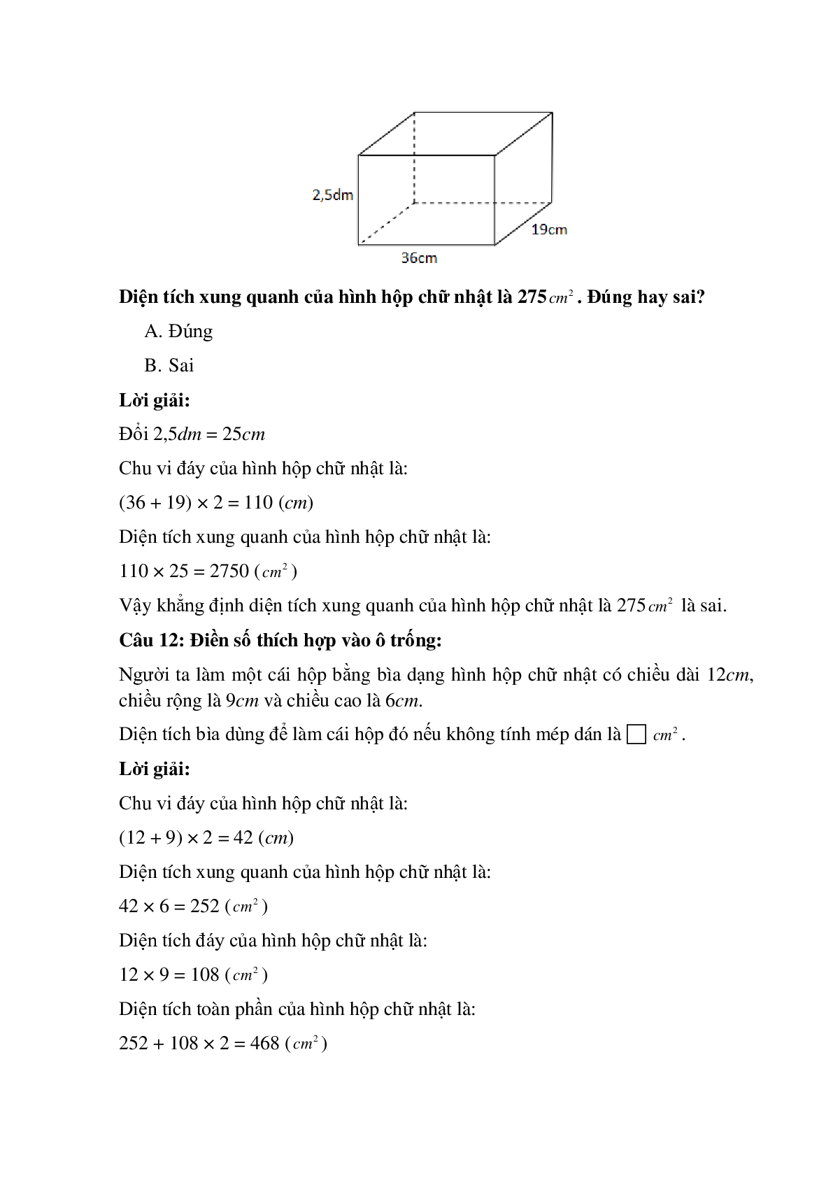 15 câu Trắc nghiệm Diện tích xung quanh, toàn phần của hình hộp chữ nhật có đáp án 2023 – Toán lớp 5 (trang 6)