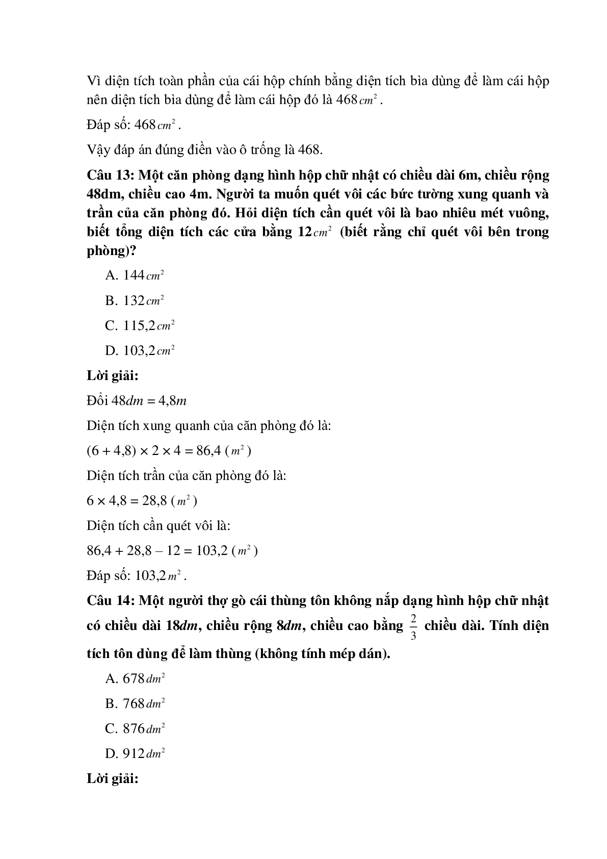 15 câu Trắc nghiệm Diện tích xung quanh, toàn phần của hình hộp chữ nhật có đáp án 2023 – Toán lớp 5 (trang 7)