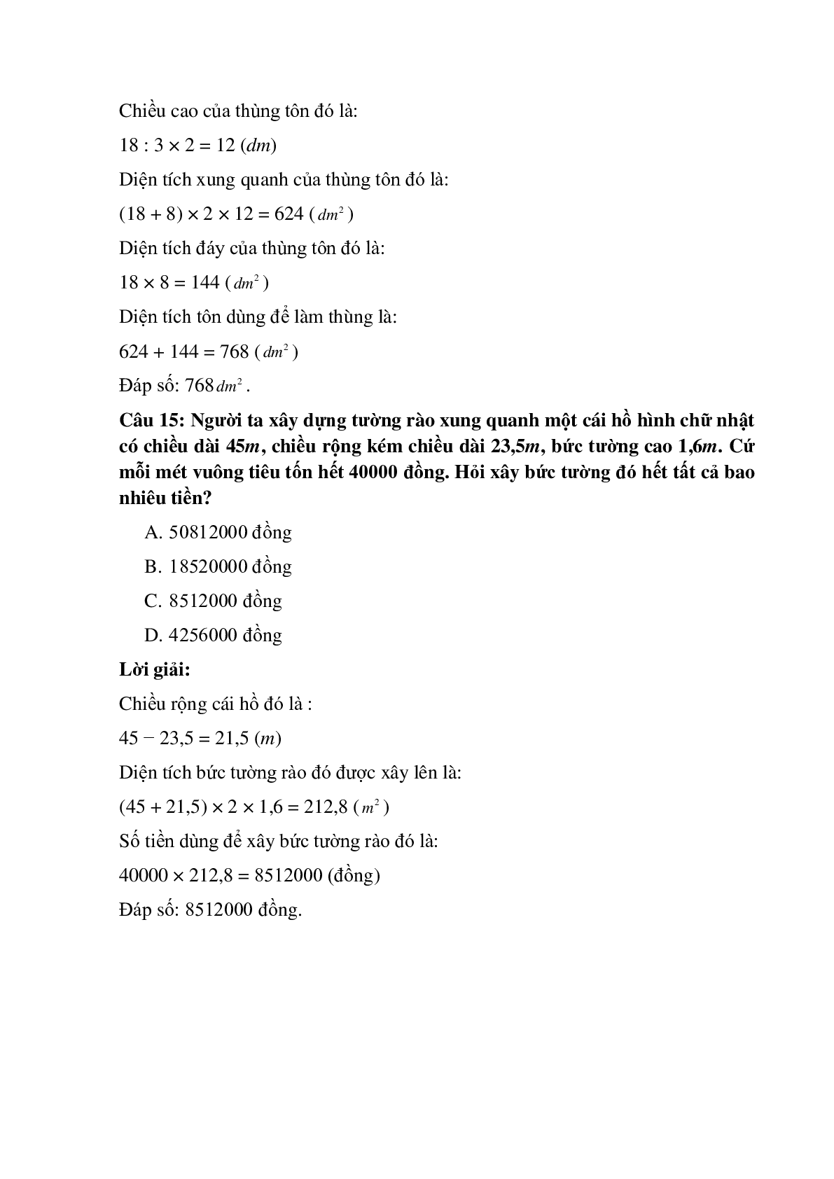 15 câu Trắc nghiệm Diện tích xung quanh, toàn phần của hình hộp chữ nhật có đáp án 2023 – Toán lớp 5 (trang 8)