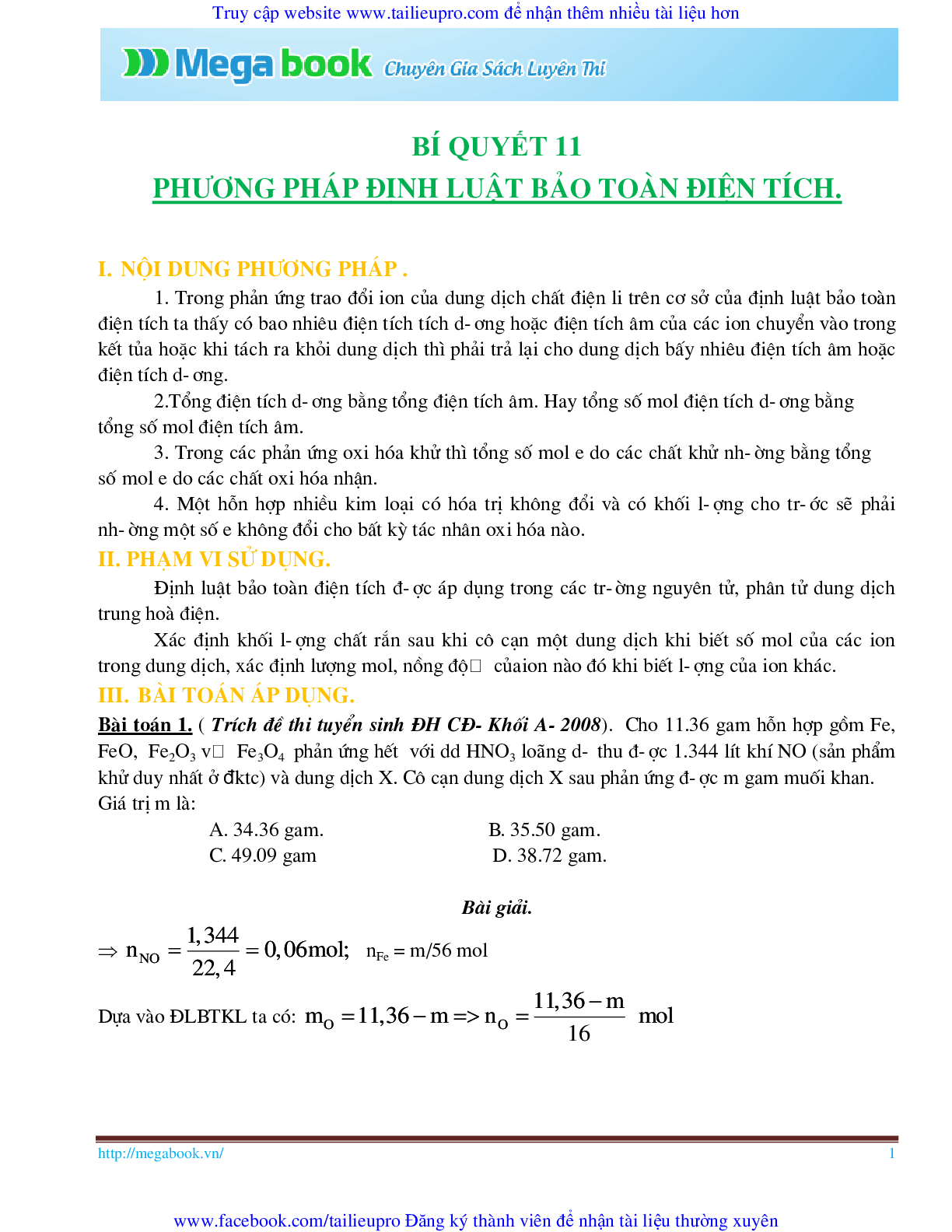 10 Bí quyết chinh phục phương pháp giải toán chủ chốt môn Hóa học ôn thi THPT Quốc Gia (trang 1)