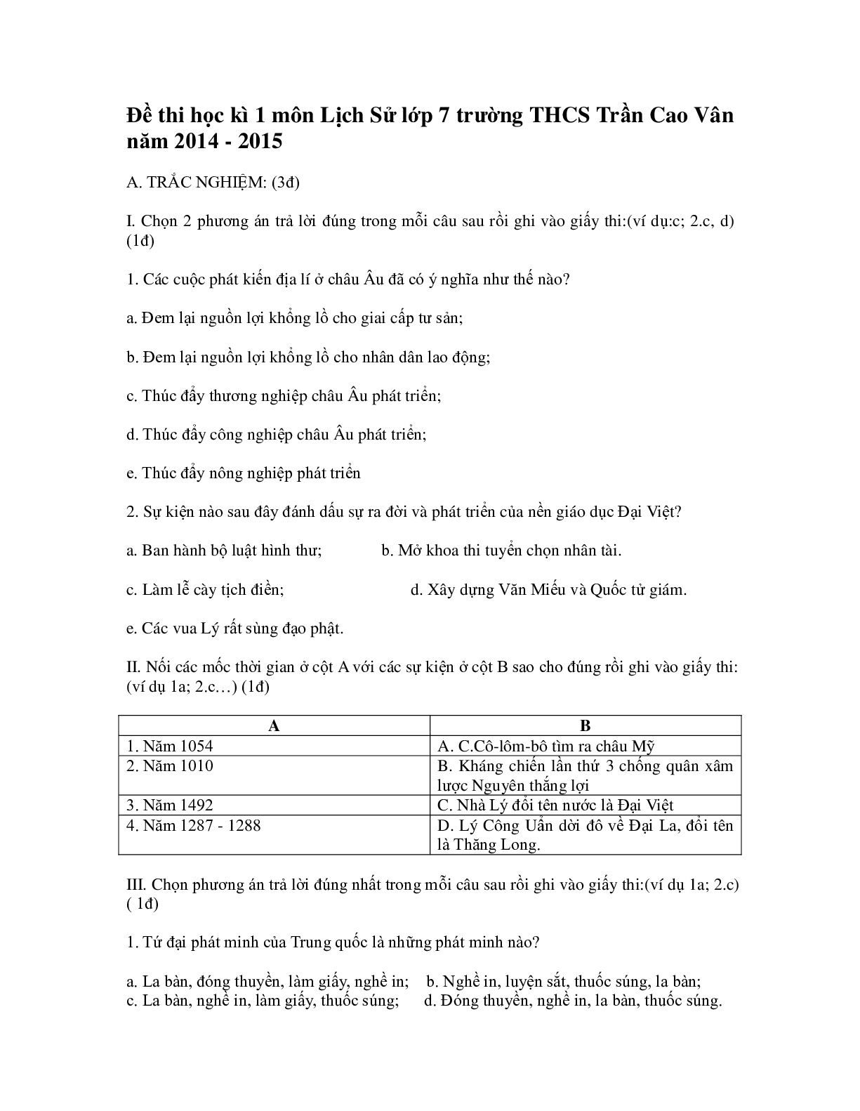 Đề thi Học kì 1 Lịch sử lớp 7 có đáp án (4 đề) (trang 4)