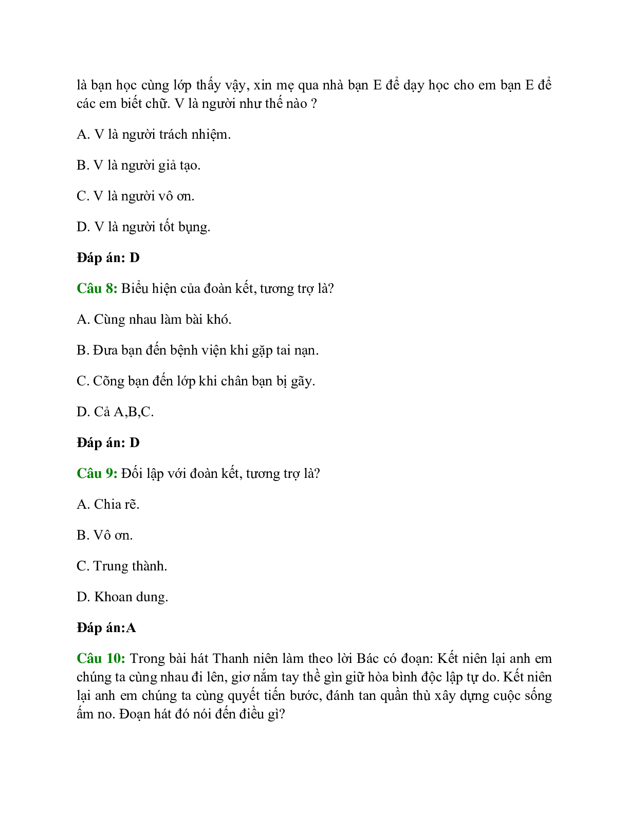 Trắc nghiệm GDCD 7 Bài 7 có đáp án: Đoàn kết, tương trợ (trang 3)