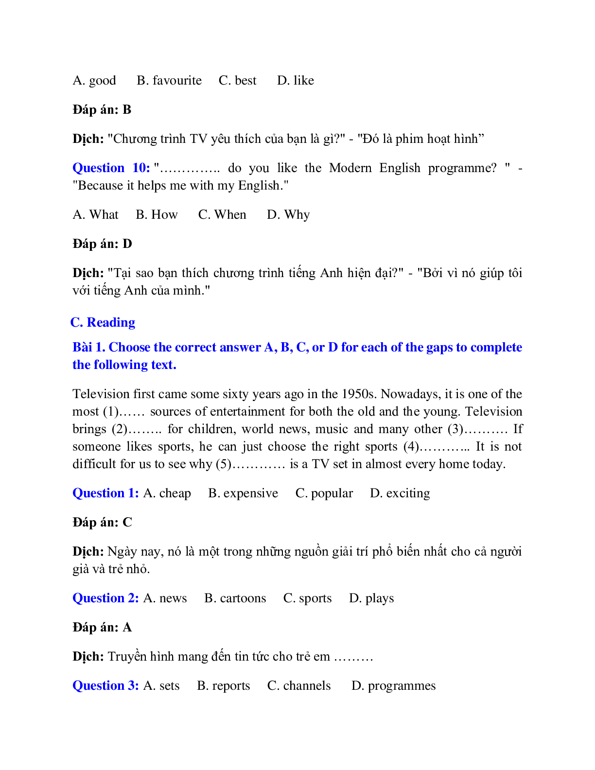Trắc nghiệm Tiếng Anh 7 Unit 14 có đáp án: Freetime fun (trang 6)