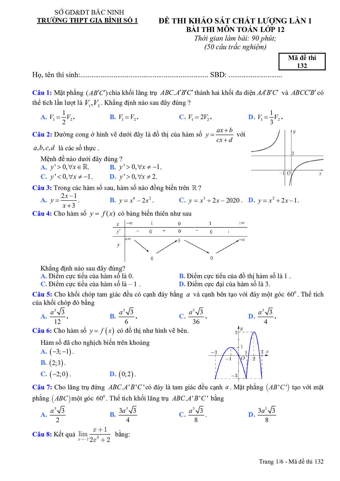 Đề thi KSCL lần 1 Toán 12 năm 2020 – 2021 trường THPT Gia Bình 1 – Bắc Ninh (trang 1)