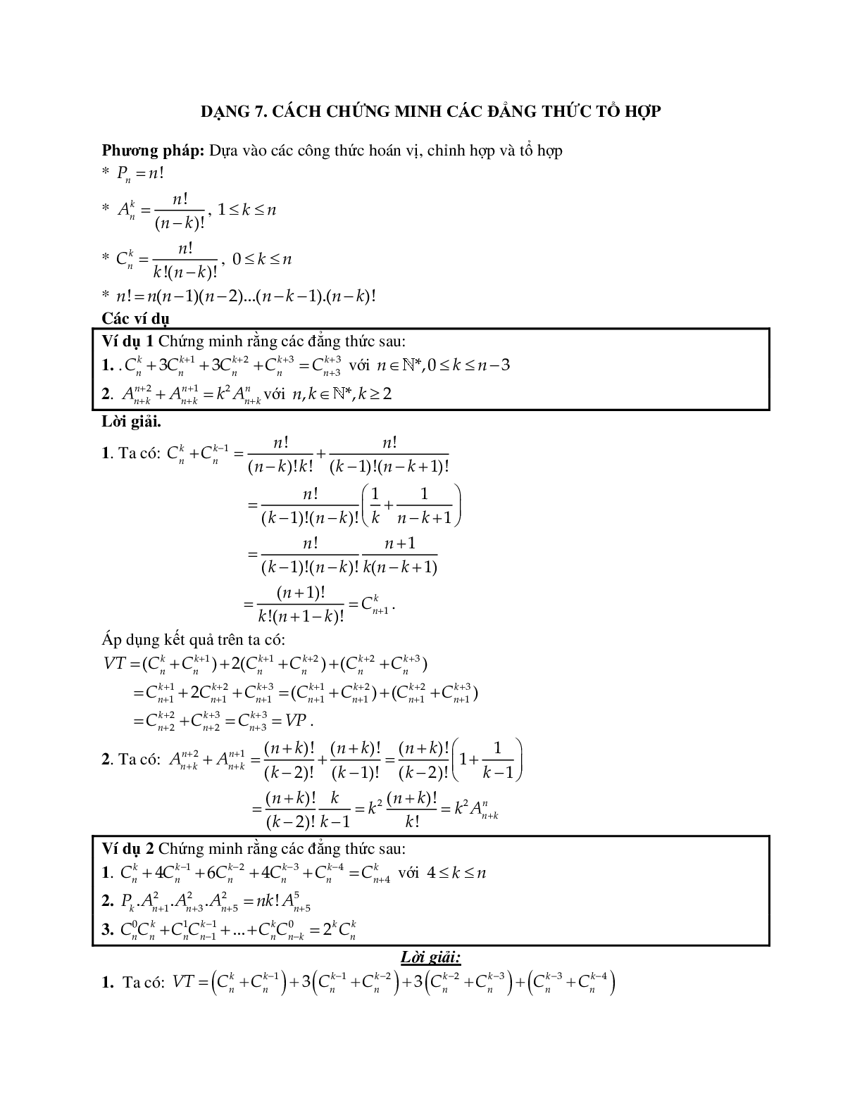 Phương pháp giải và bài tập về Cách chứng minh các đẳng thức tổ hợp (trang 1)