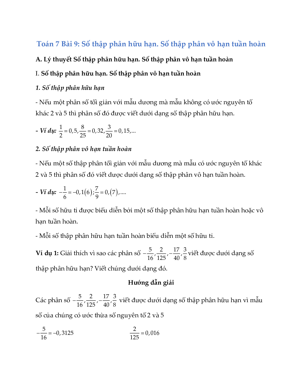 Lý thuyết Toán lớp 7 Bài 9: Số thập phân hữu hạn, Số thập phân vô hạn tuần hoàn (trang 1)