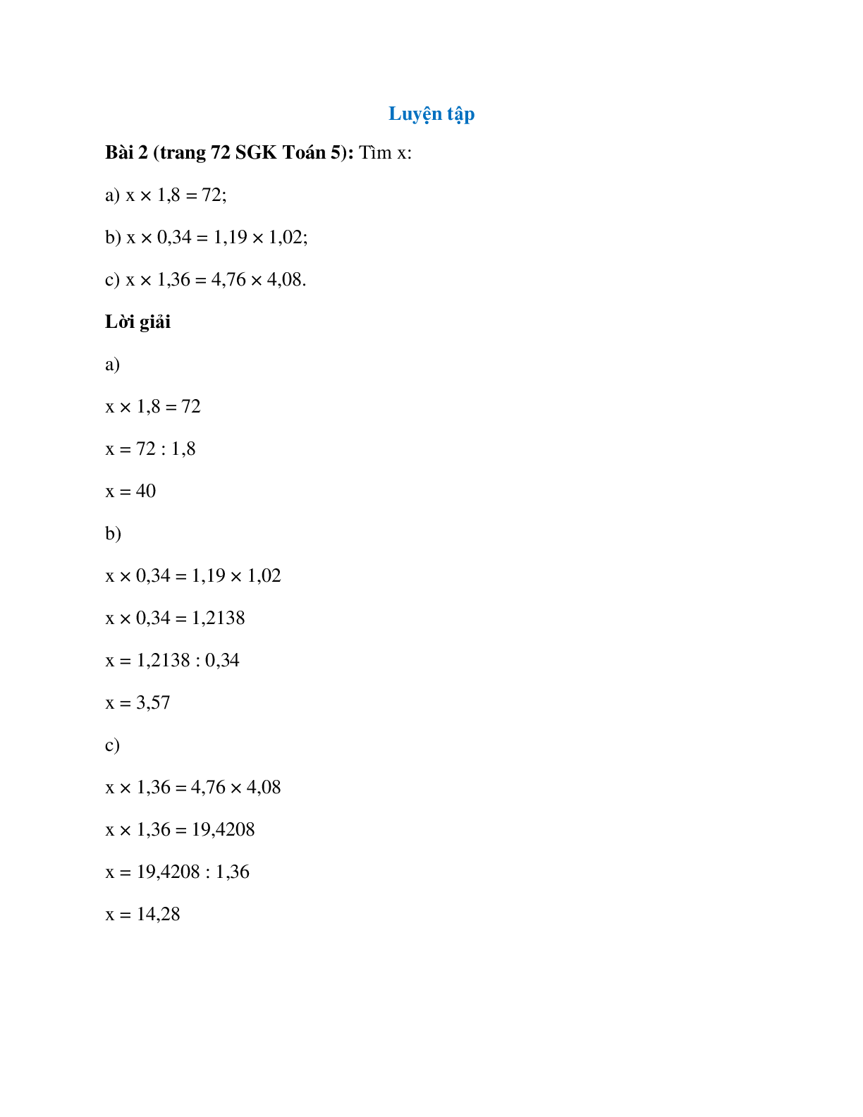 Tìm x: x × 1,8 = 72 (trang 1)