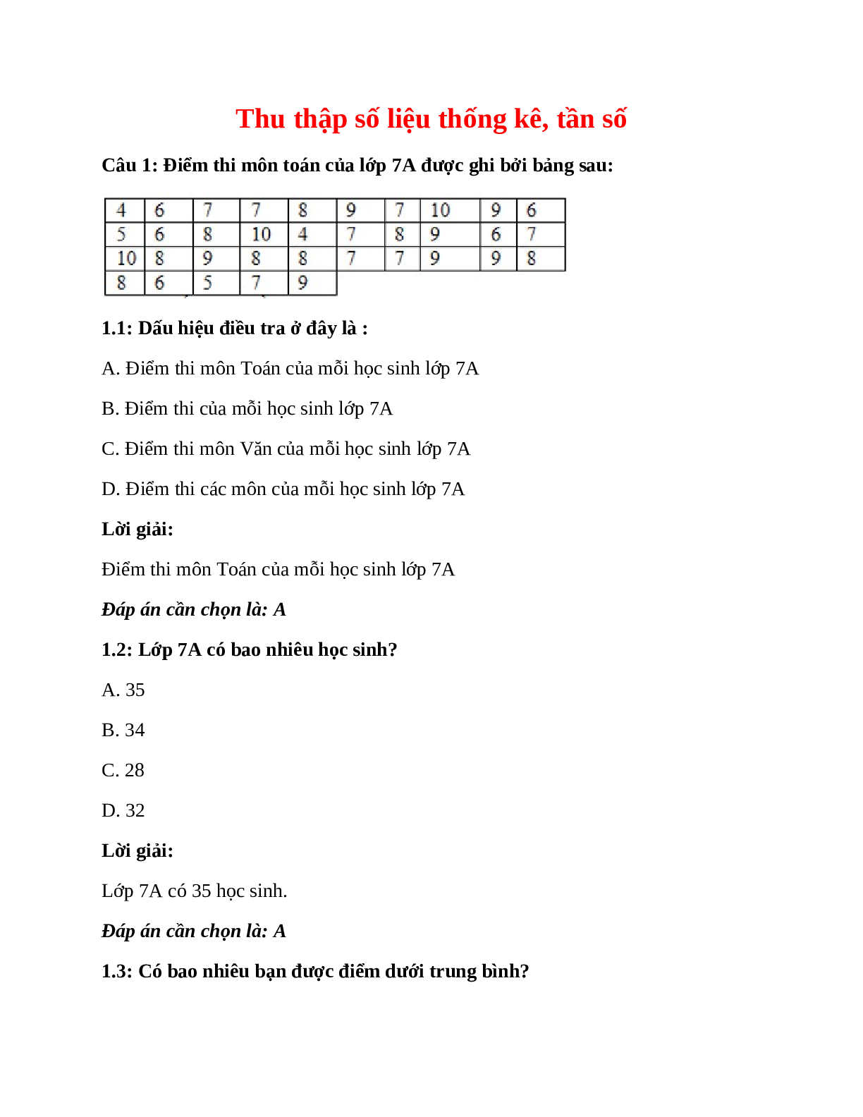 Trắc nghiệm Thu thập số liệu thống kê, tần số có đáp án – Toán lớp 7 (trang 1)