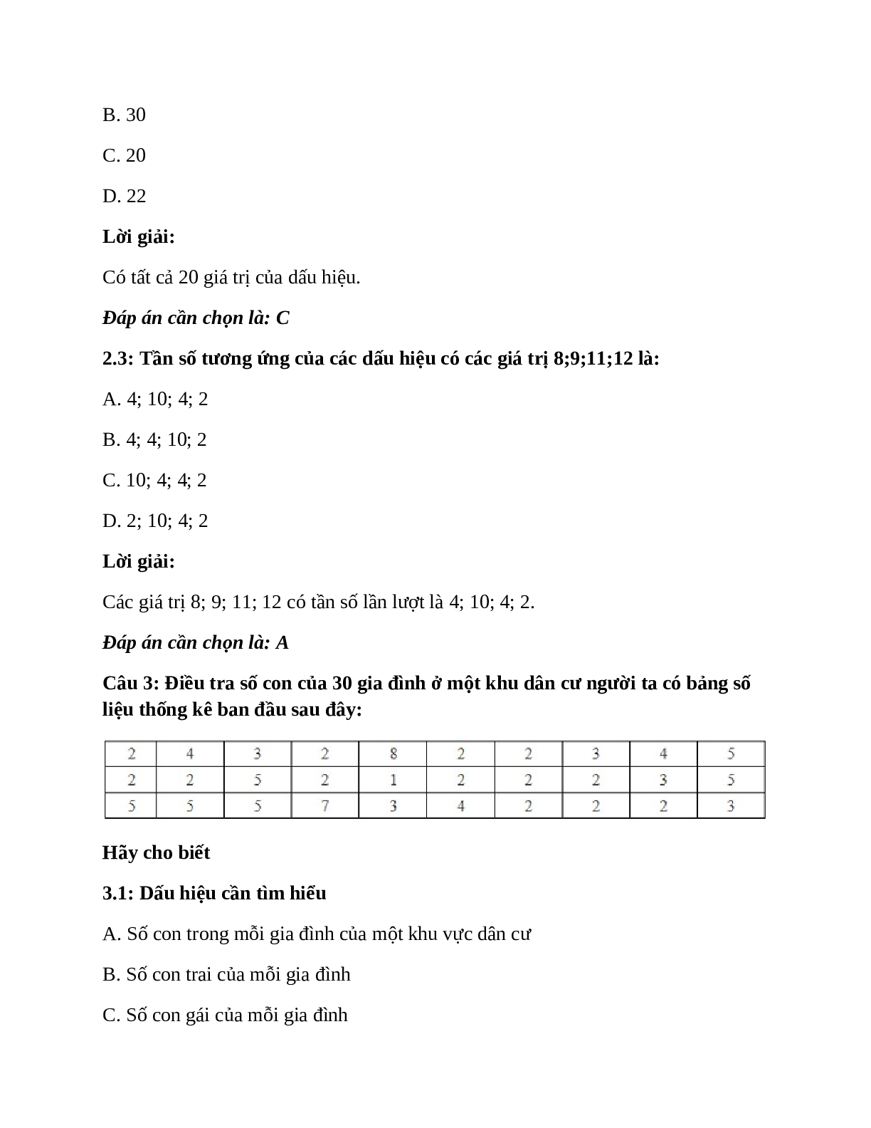 Trắc nghiệm Thu thập số liệu thống kê, tần số có đáp án – Toán lớp 7 (trang 3)