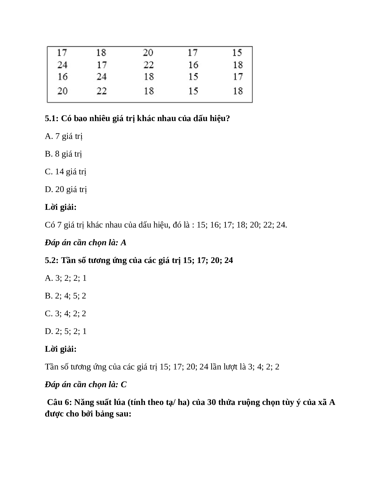 Trắc nghiệm Thu thập số liệu thống kê, tần số có đáp án – Toán lớp 7 (trang 6)