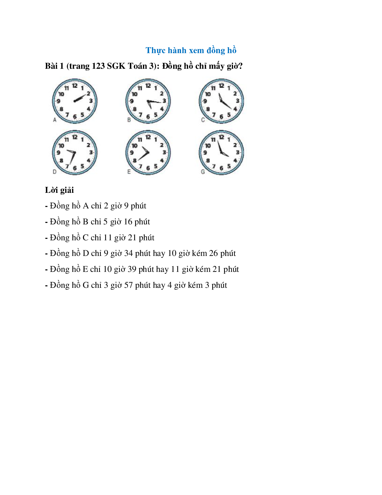 Đồng hồ chỉ mấy giờ Bài 1 trang 123 SGK Toán 3 (trang 1)