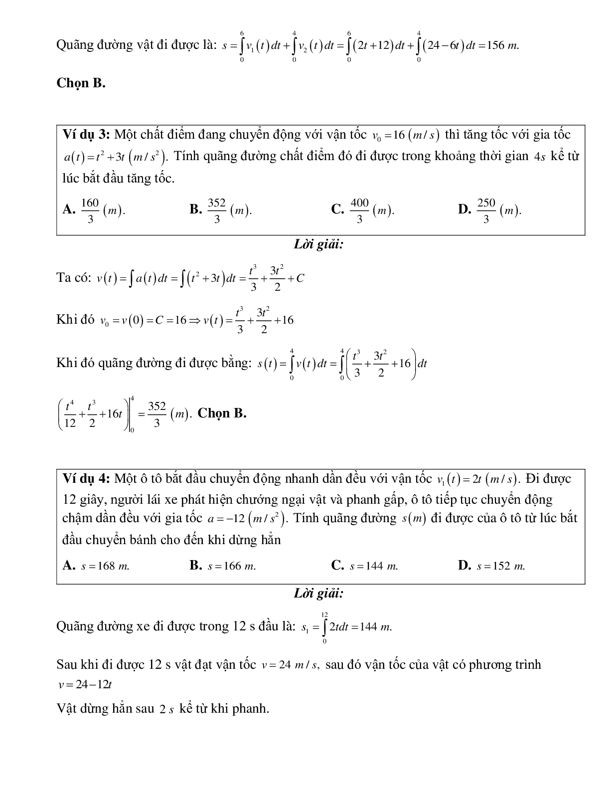 Ứng dụng tích phân vào bài toán liên quan đến quãng đường, vận tốc, gia tốc và thời gian Toán 12 (trang 2)