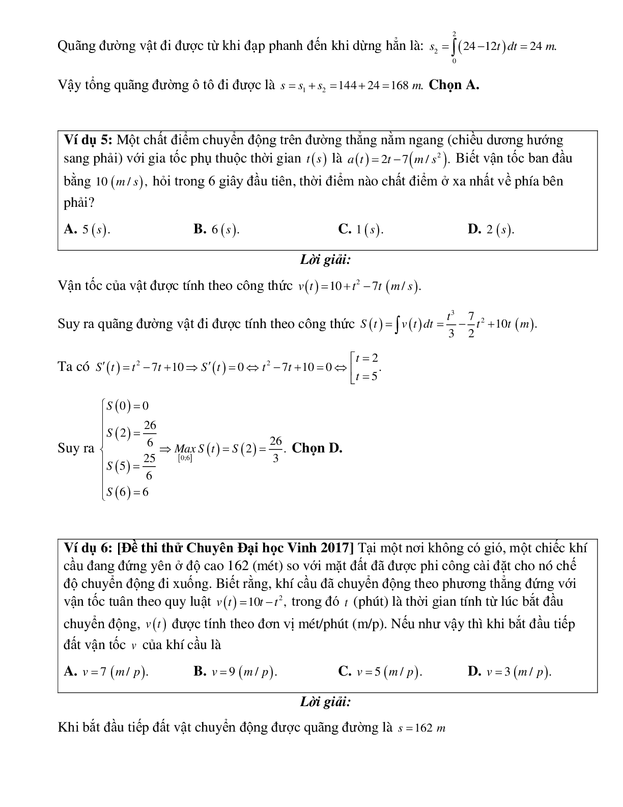 Ứng dụng tích phân vào bài toán liên quan đến quãng đường, vận tốc, gia tốc và thời gian Toán 12 (trang 3)