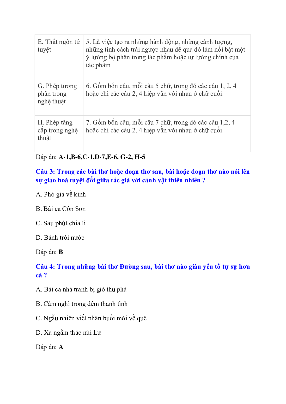 Trắc nghiệm Ôn tập phần văn có đáp án – Ngữ văn lớp 7 (trang 2)