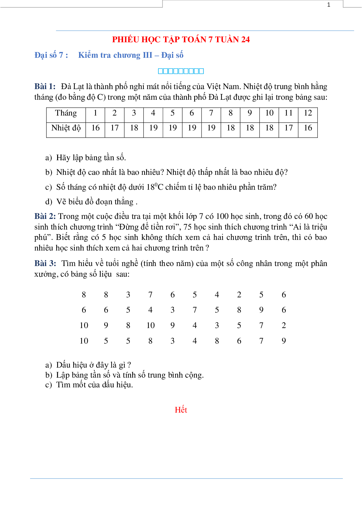 Phiếu bài tập tuần 24 - Toán 7 (trang 1)
