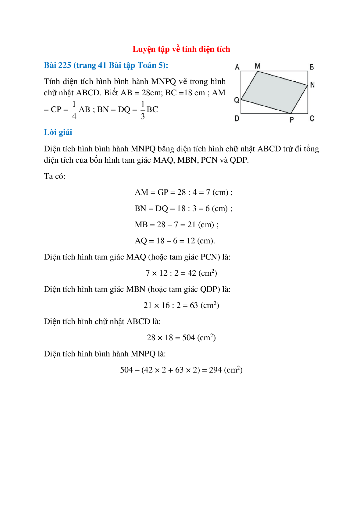 Tính diện tích hình bình hành MNPQ (trang 1)