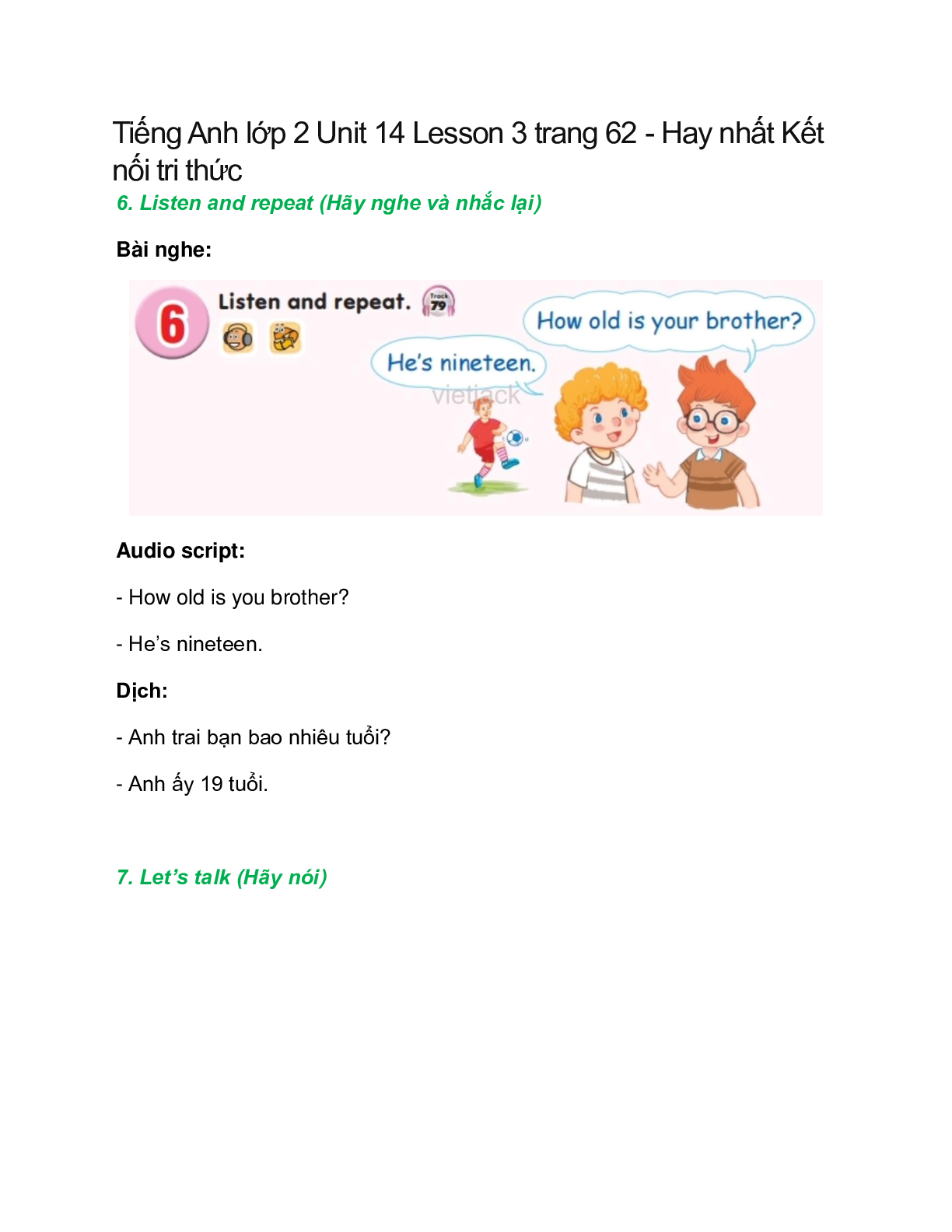Tiếng Anh lớp 2 Unit 14 Lesson 3 trang 62 – Kết nối tri thức (trang 1)