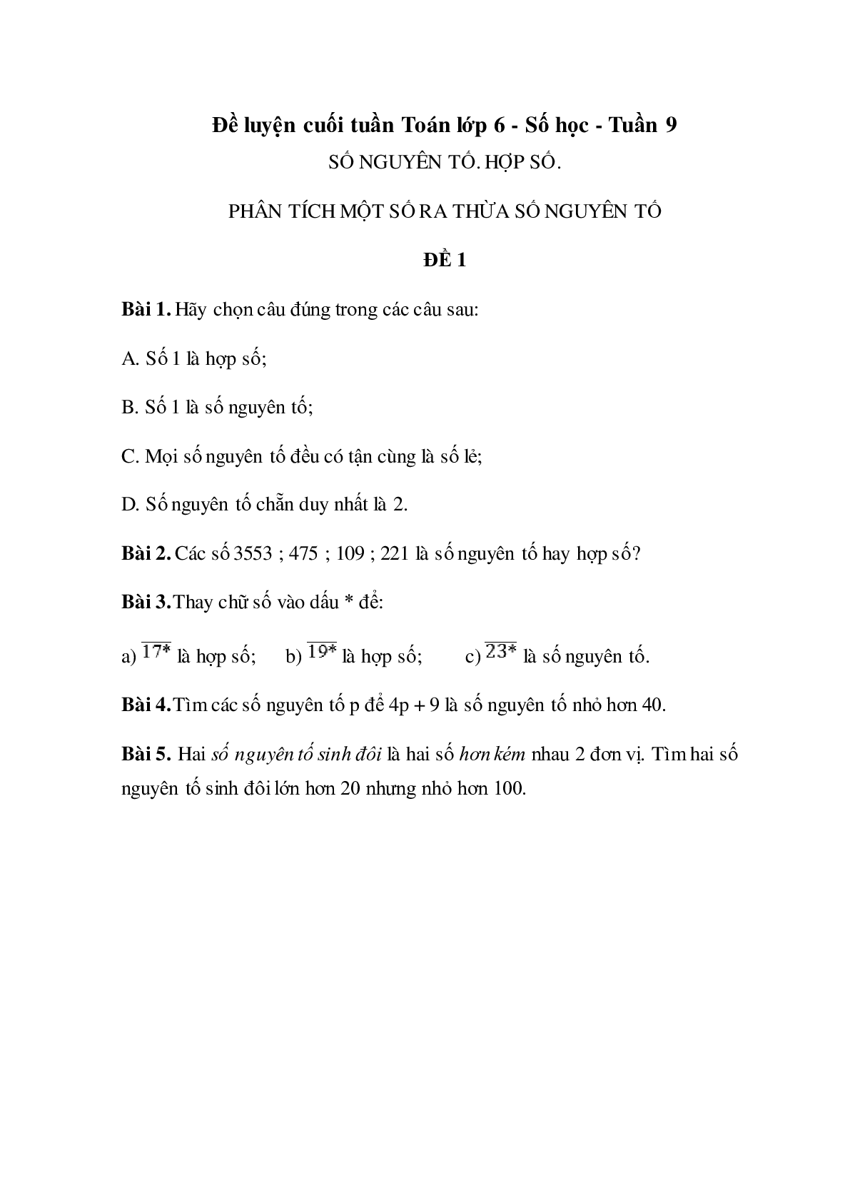 Bài tập cuối tuần Số học Toán lớp 6 tuần 9 có đáp án (trang 1)