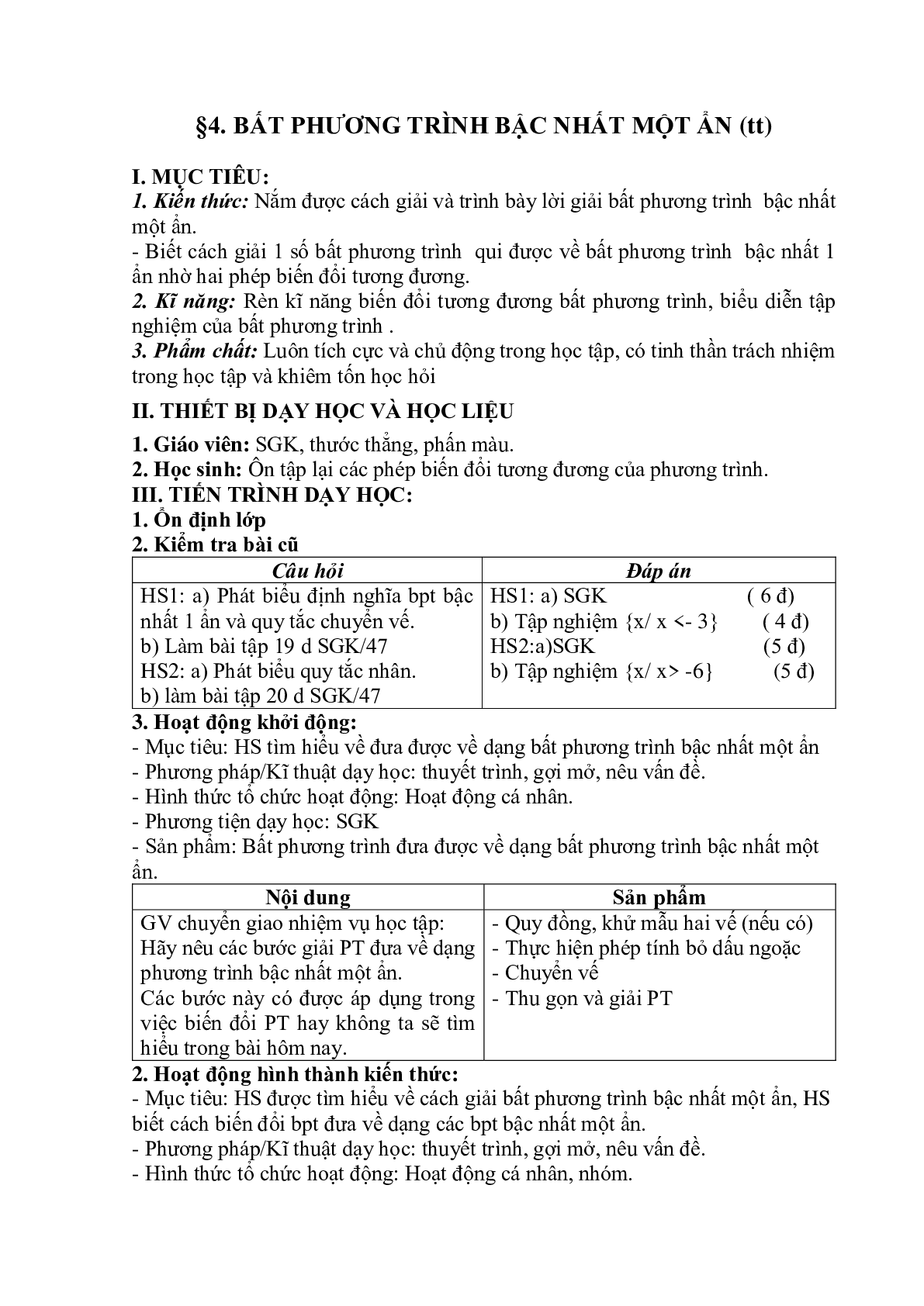 Giáo án Toán học 8 Bài 4: Bất phương trình bậc nhất một ẩn (tiếp) (trang 1)