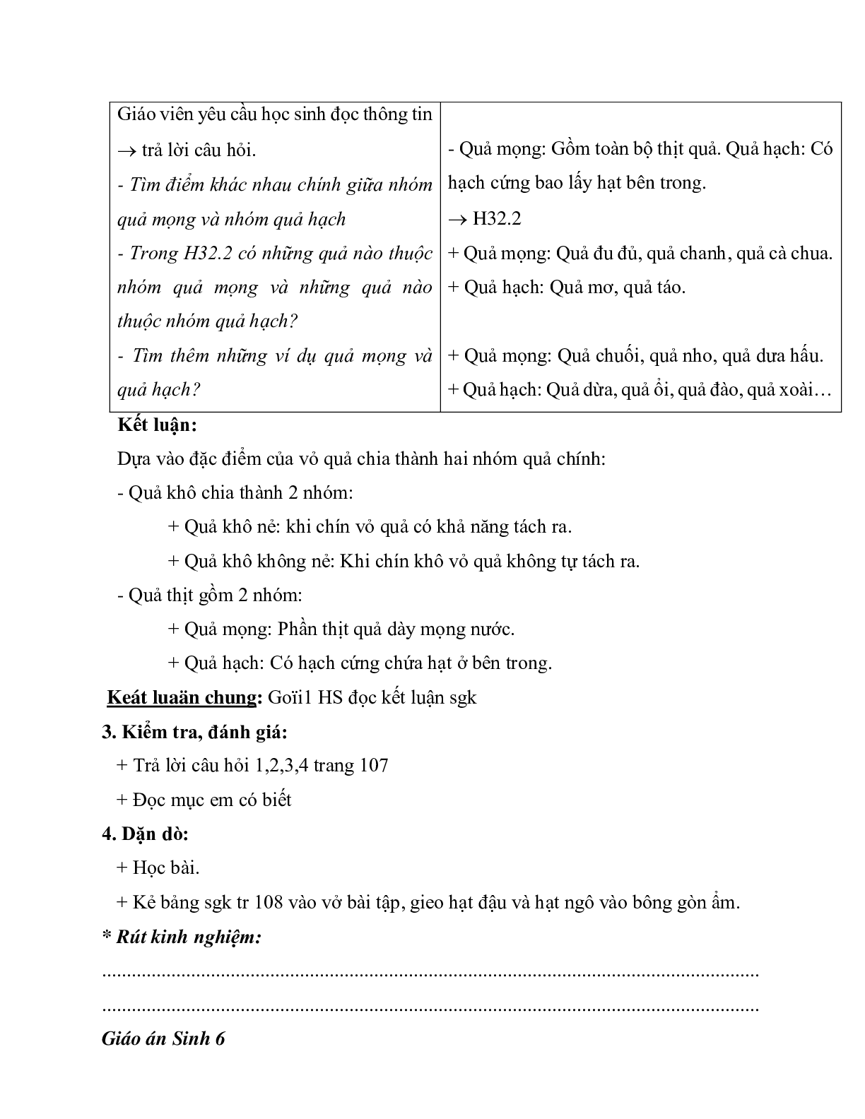 Giáo án Sinh học 6 Bài 32: Các loại quả mới nhất - CV5512 (trang 3)