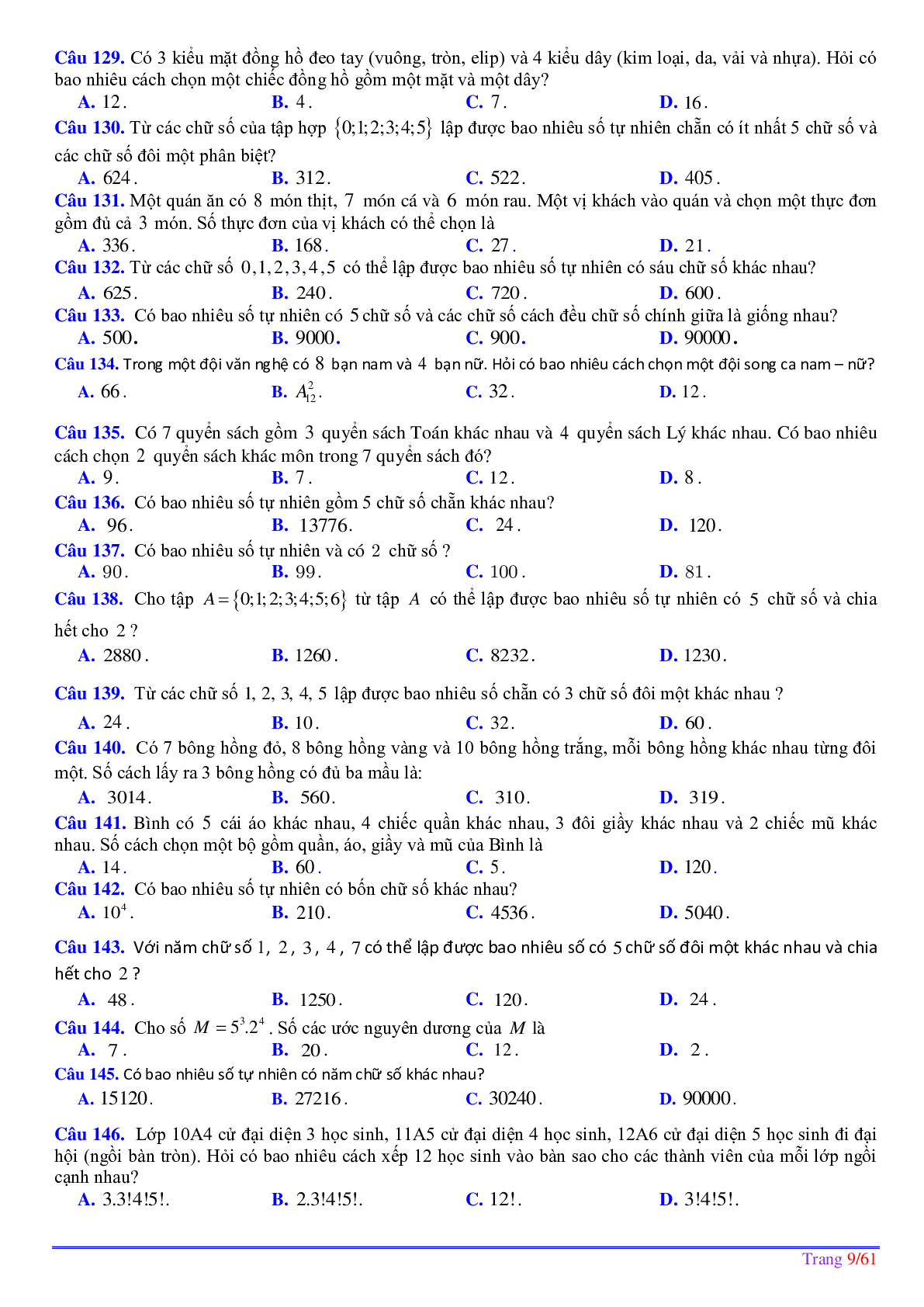 252 bài toán phép đếm ôn thi tốt nghiệp THPT (trang 10)