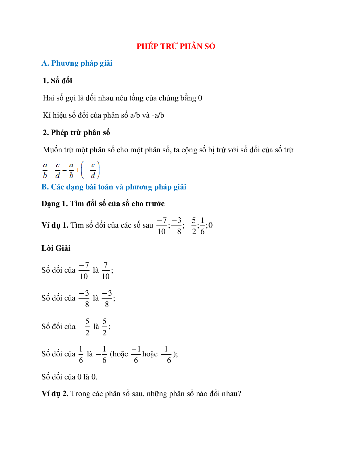 Bài tập về phép trừ phân số chọn lọc, có đáp án (trang 1)