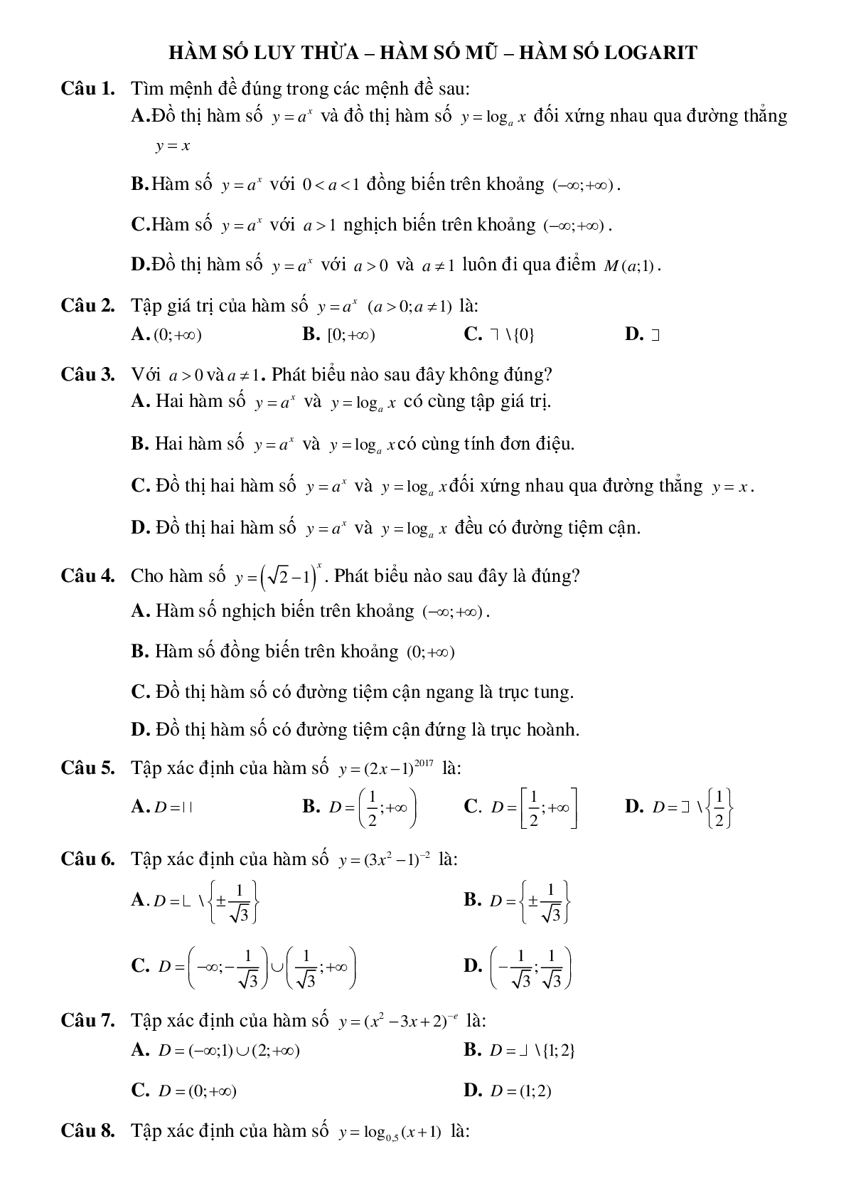 51 Bài tập trắc nghiệm Hàm số lũy thừa – Hàm số mũ – Hàm số logarit có đáp án 2023 (trang 1)