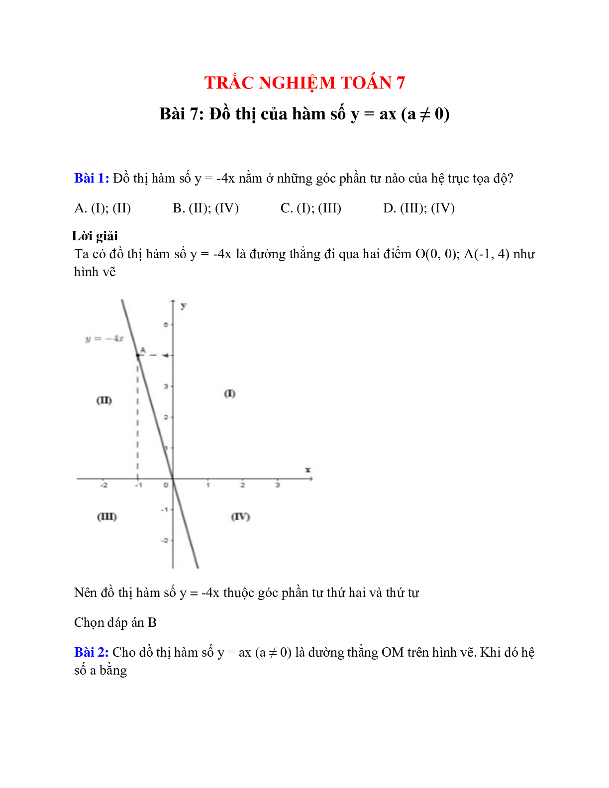 Trắc nghiệm Đồ thị của hàm số y = ax (a ≠ 0) có đáp án – Toán lớp 7 (trang 1)