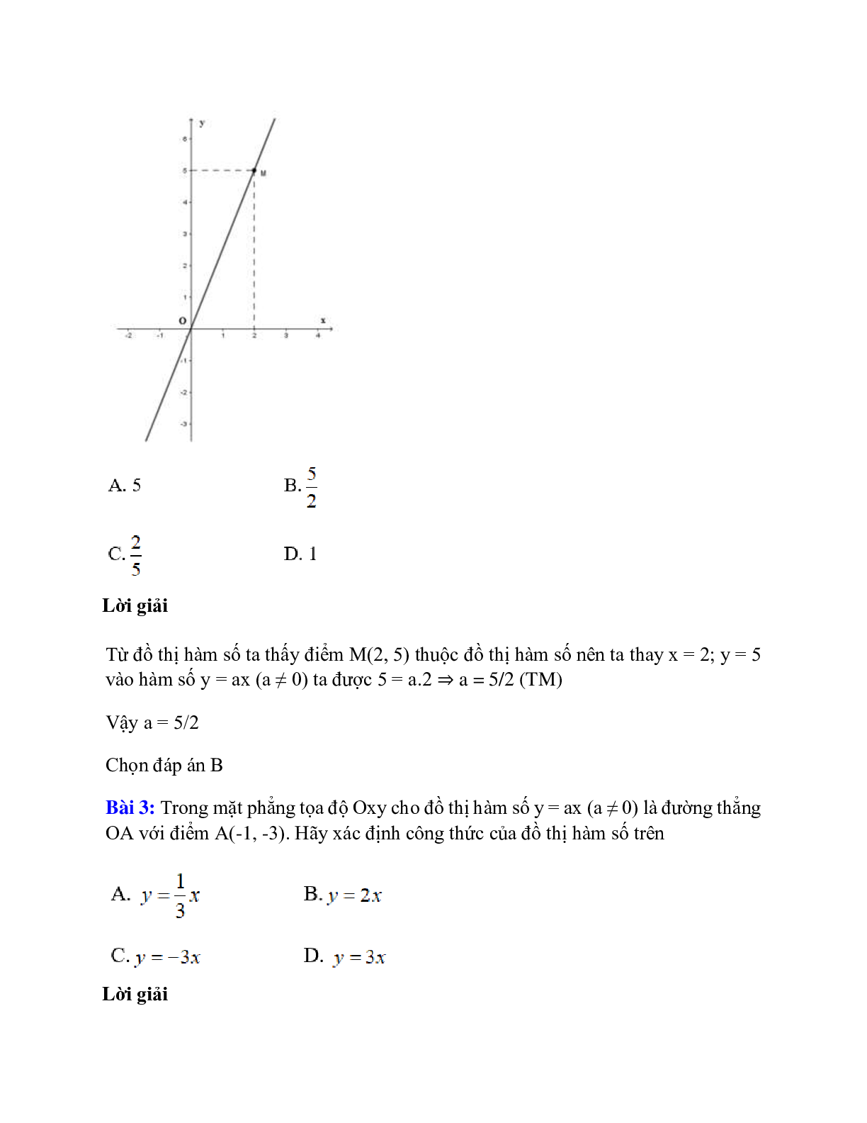 Trắc nghiệm Đồ thị của hàm số y = ax (a ≠ 0) có đáp án – Toán lớp 7 (trang 2)