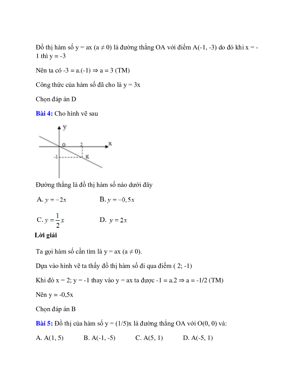 Trắc nghiệm Đồ thị của hàm số y = ax (a ≠ 0) có đáp án – Toán lớp 7 (trang 3)
