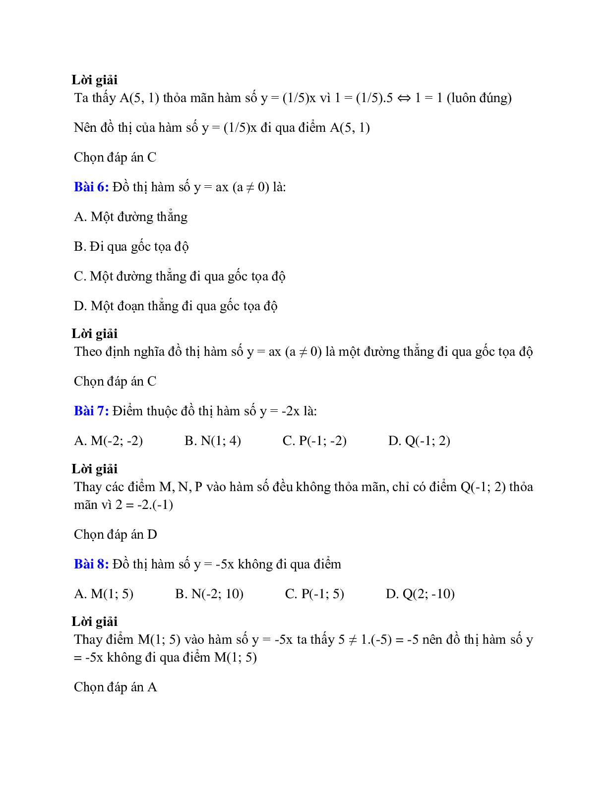 Trắc nghiệm Đồ thị của hàm số y = ax (a ≠ 0) có đáp án – Toán lớp 7 (trang 4)
