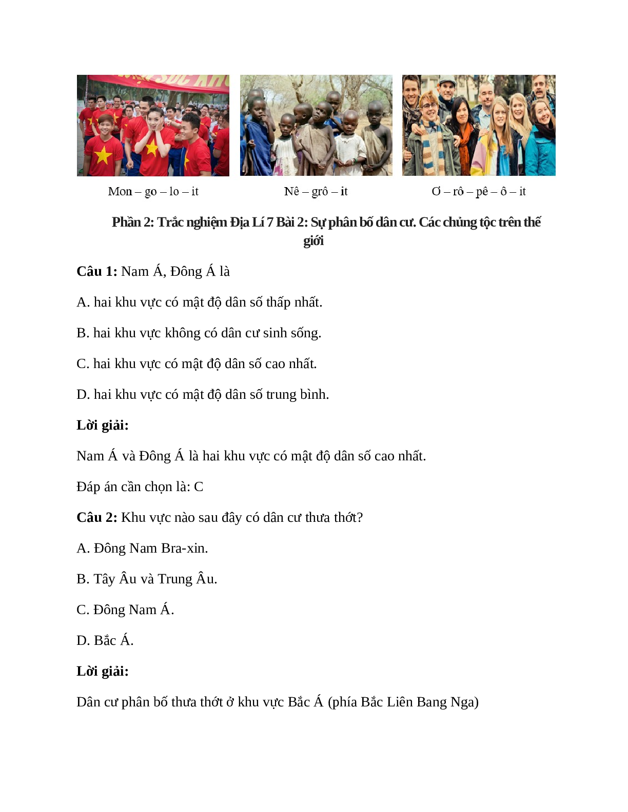 Địa Lí 7 Bài 2 (Lý thuyết và trắc nghiệm): Sự phân bố dân cư. Các chủng tộc trên thế giới (trang 3)