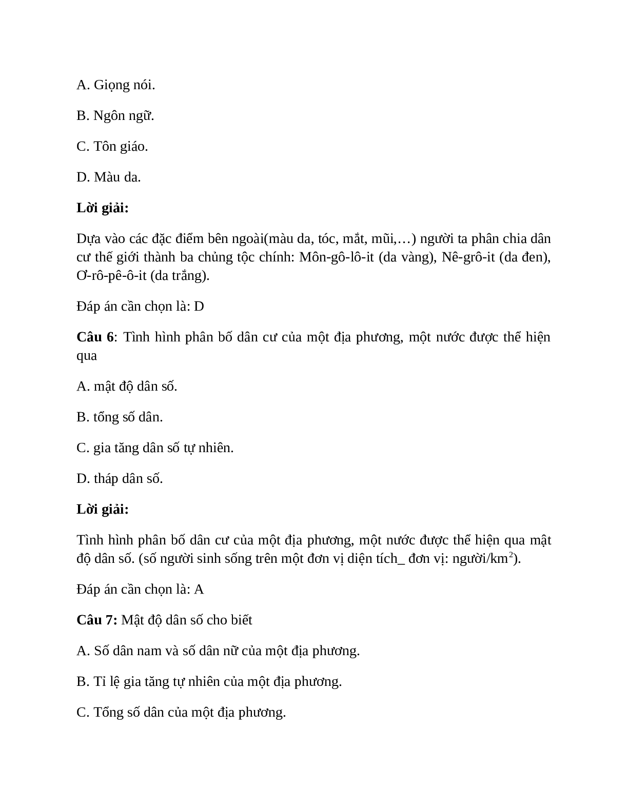 Địa Lí 7 Bài 2 (Lý thuyết và trắc nghiệm): Sự phân bố dân cư. Các chủng tộc trên thế giới (trang 5)