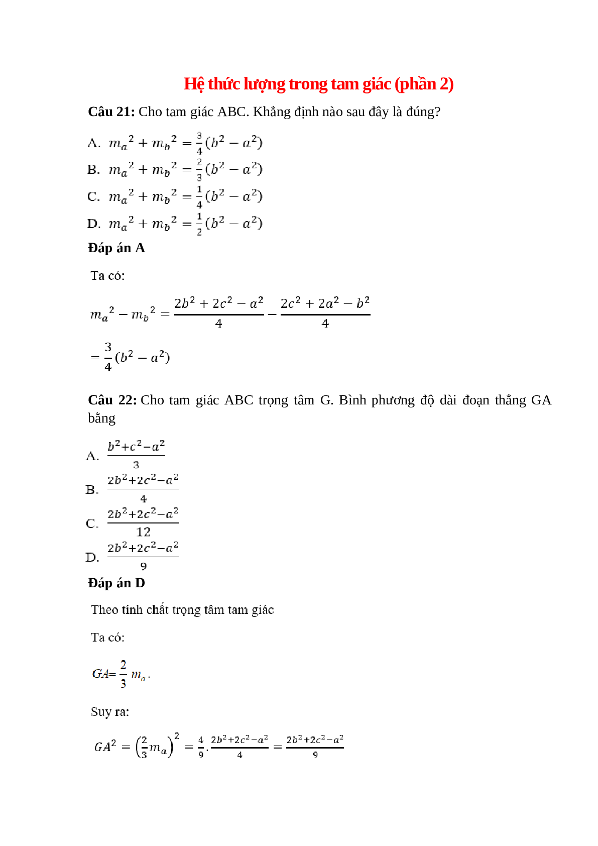 Trắc nghiệm Hệ thức lượng trong tam giác (phần 2) có đáp án – Toán lớp 10 (trang 1)