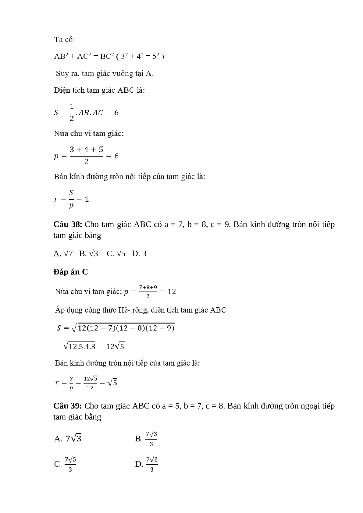 Trắc nghiệm Hệ thức lượng trong tam giác (phần 2) có đáp án – Toán lớp 10 (trang 10)